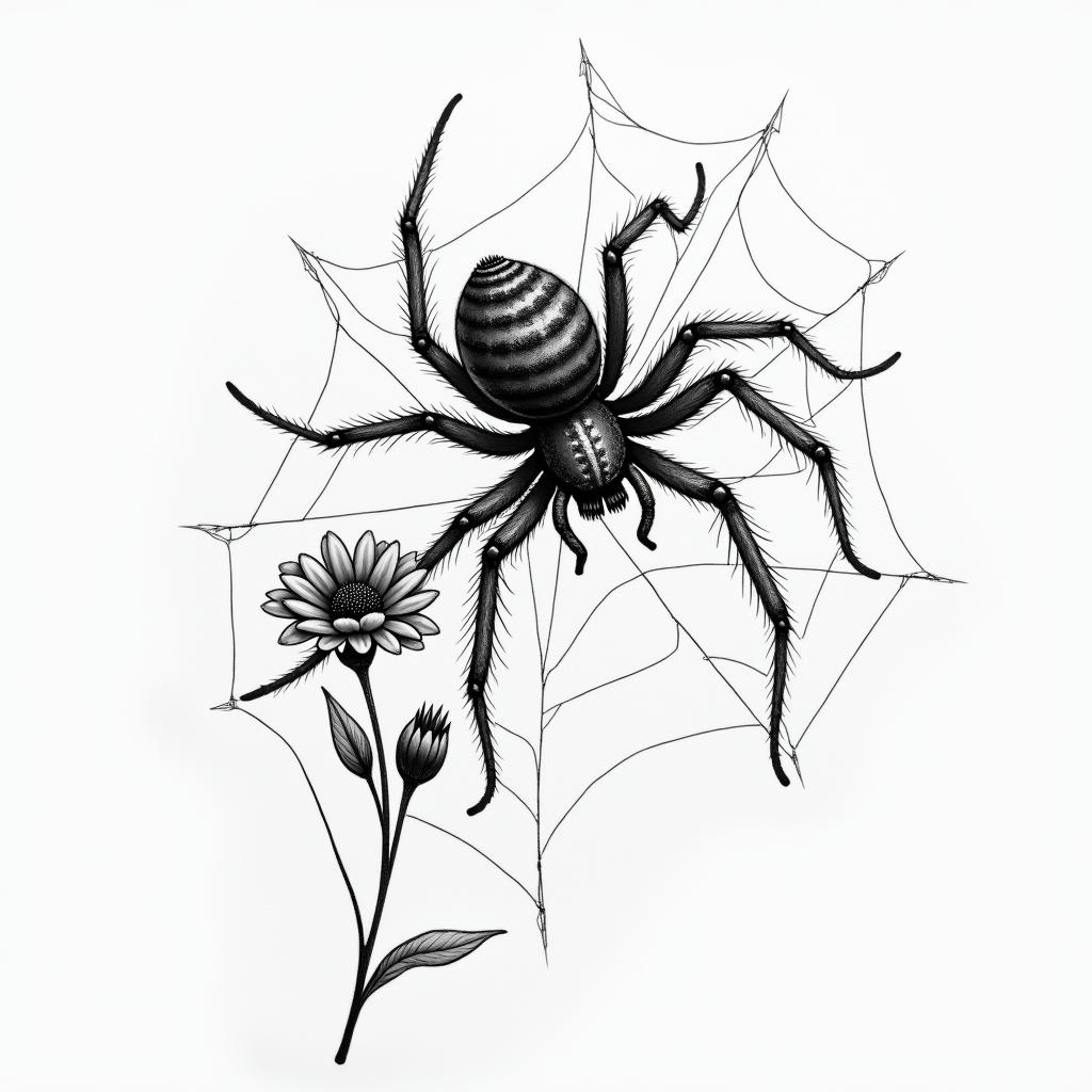Small spider on web with flowers with stemin realism tattoo style, featuring a highly detailed, lifelike, capturing every detail, photorealistic, ultra realistic, intricate shading, smooth and sharp,   - Variation 48