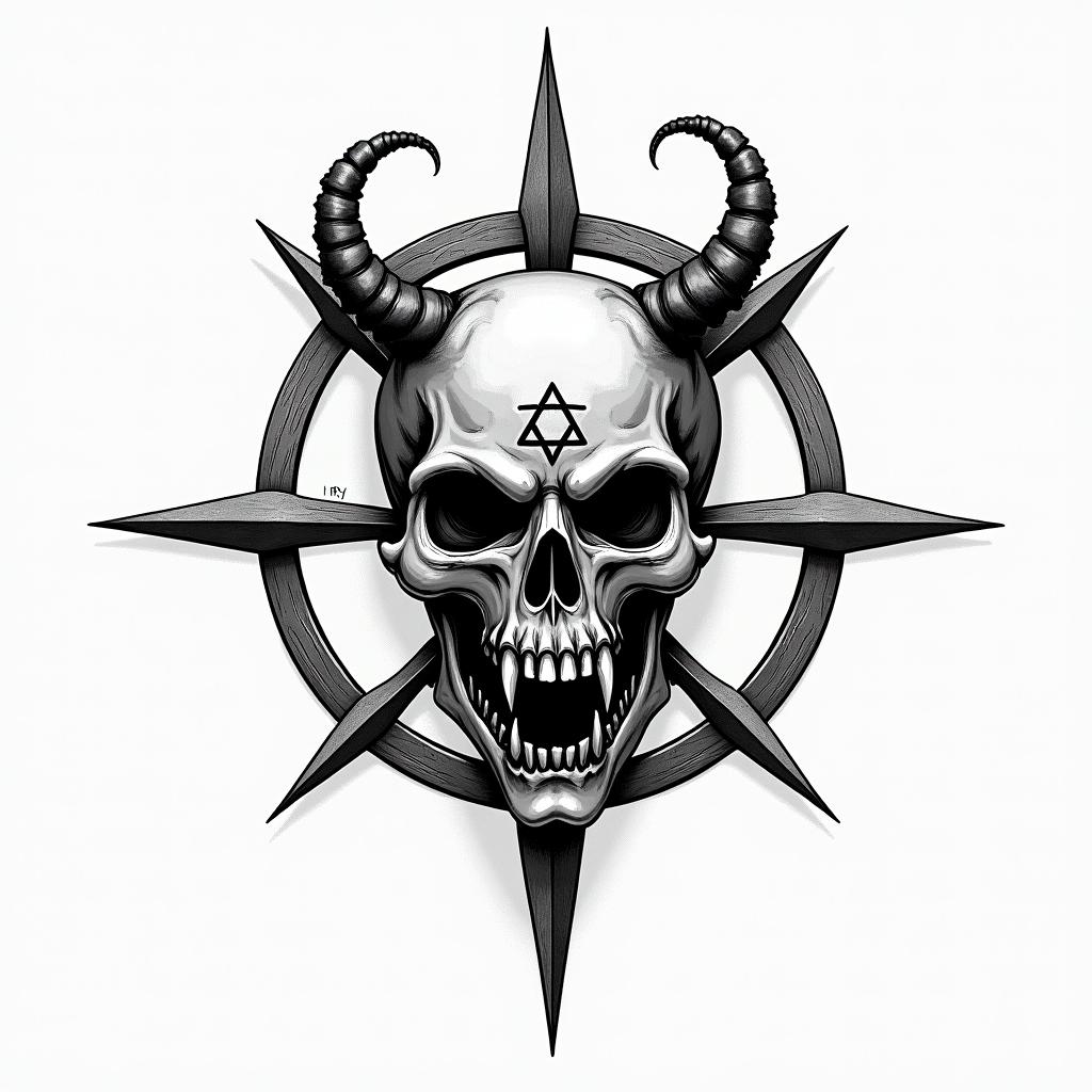 Aviation compasscreepy horror tattoo style, featuring an eerie and unsettling skull of a demonic creature, distorted face with sharp fangs, add pentagram symbol - Variation 1