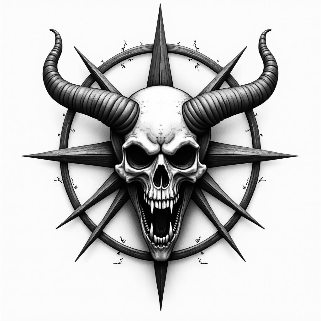 Aviation compasscreepy horror tattoo style, featuring an eerie and unsettling skull of a demonic creature, distorted face with sharp fangs, add pentagram symbol - Variation 4