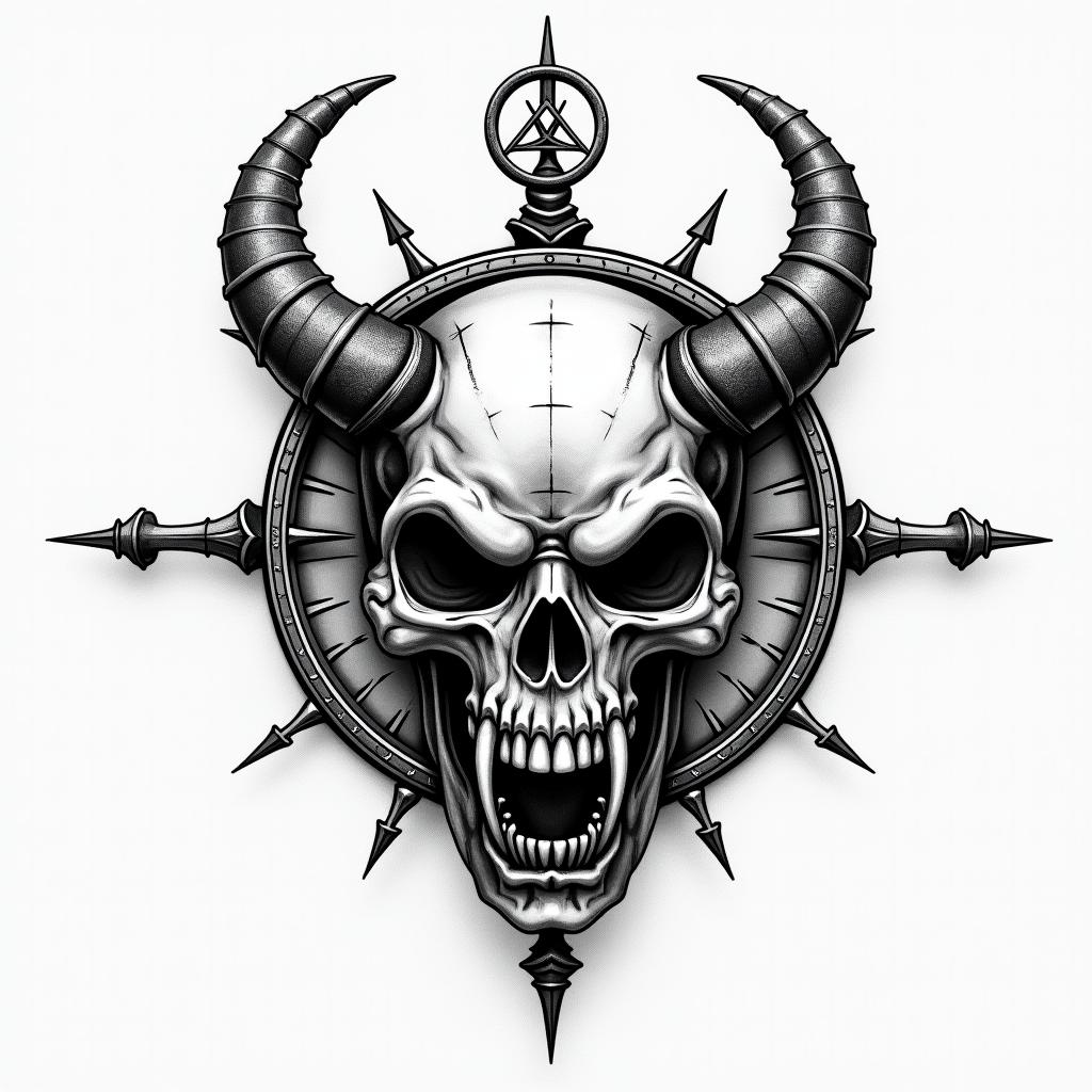 Aviation compasscreepy horror tattoo style, featuring an eerie and unsettling skull of a demonic creature, distorted face with sharp fangs, add pentagram symbol - Variation 3