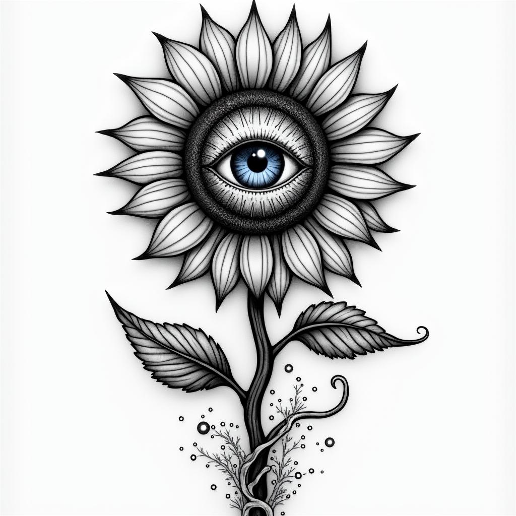 A black gray tattoo Sunflower with 12 pedals , the entire center of the sunflower is a eyeball with blue eyes , attached to a winding twisting rose stem , water rushing in the backgroundin prophecy tattoo style, featuring mystical symbols, celestial imagery like stars, moons, suns, geometric patterns, foretelling elements, an eye of wisdom - Variation 3