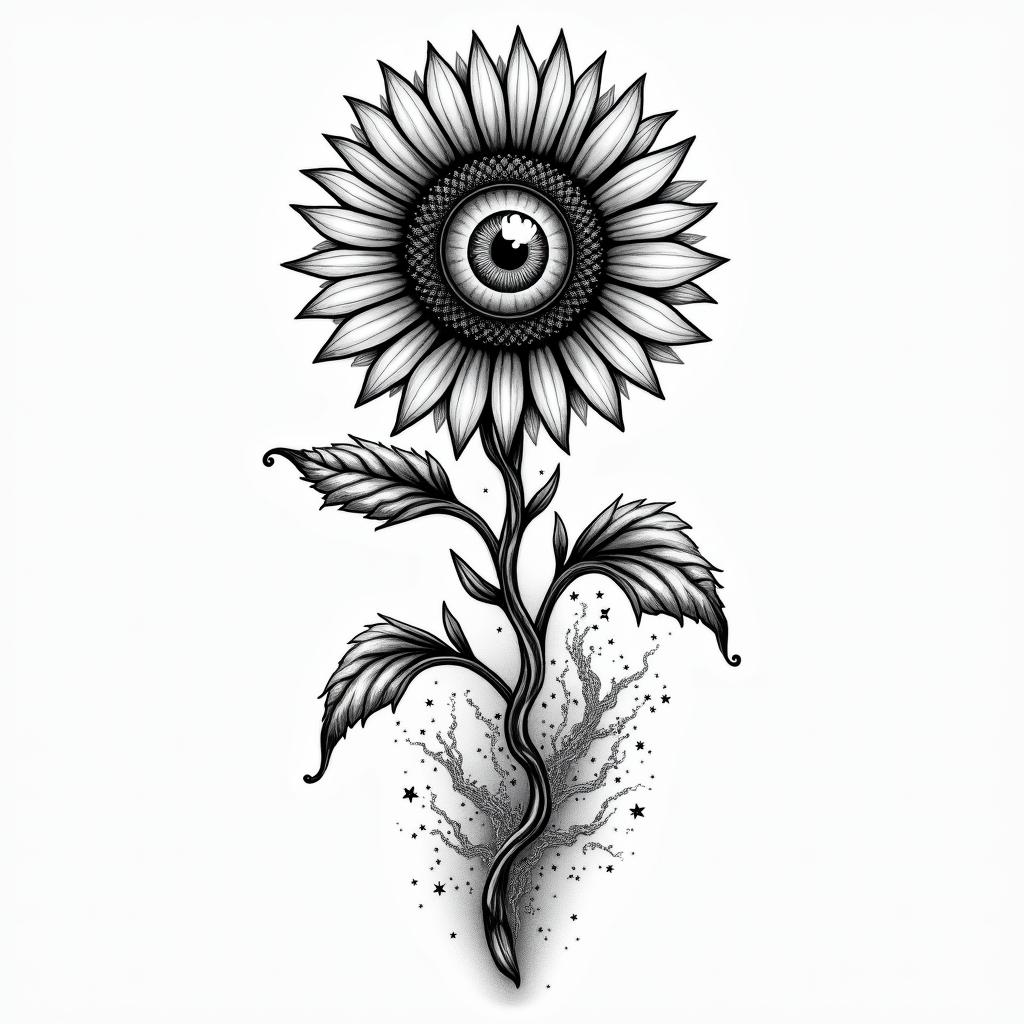 A black gray tattoo Sunflower with 12 pedals , the entire center of the sunflower is a eyeball with blue eyes , attached to a winding twisting rose stem , water rushing in the backgroundin prophecy tattoo style, featuring mystical symbols, celestial imagery like stars, moons, suns, geometric patterns, foretelling elements, an eye of wisdom - Variation 2