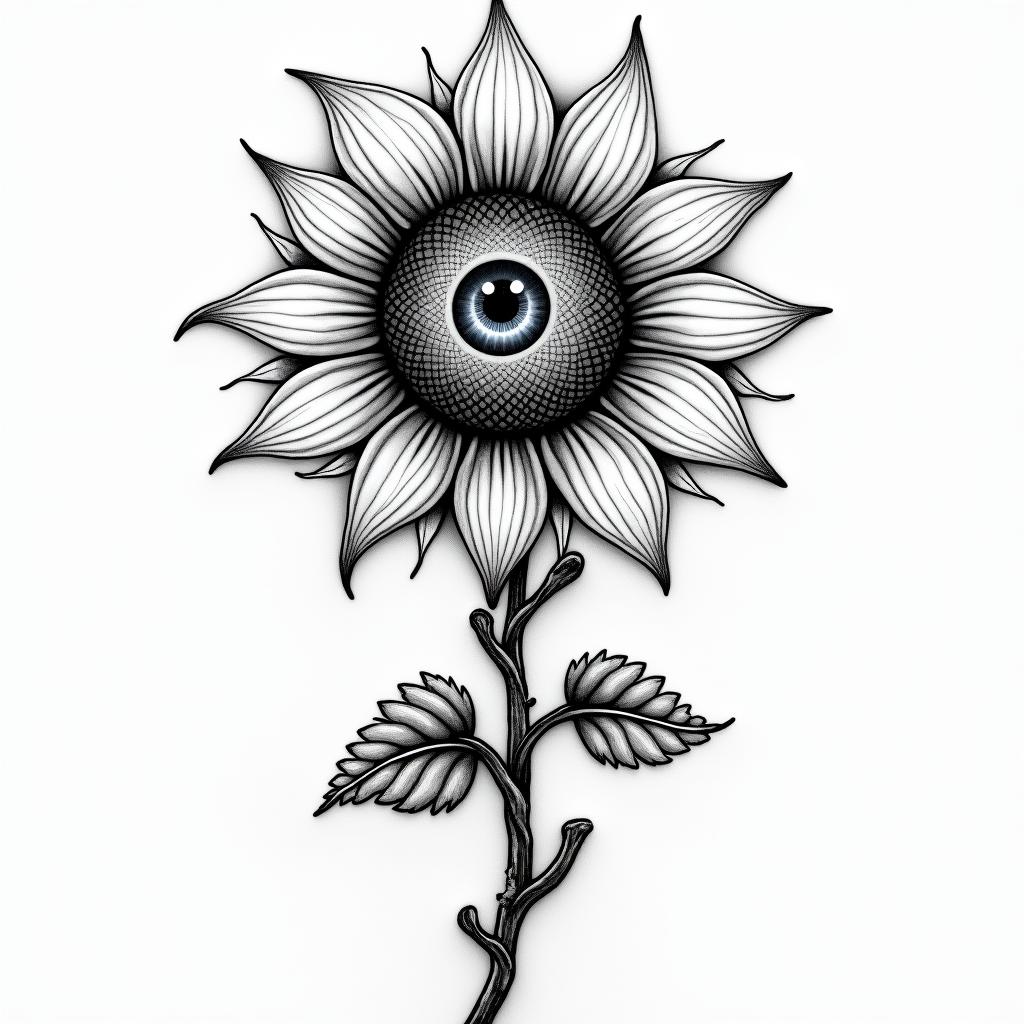A black gray tattoo Sunflower with 12 pedals , the entire center of the sunflower is a eyeball with blue eyes , attached to a winding twisting rose stem , water rushing in the backgroundin prophecy tattoo style, featuring mystical symbols, celestial imagery like stars, moons, suns, geometric patterns, foretelling elements, an eye of wisdom - Variation 4