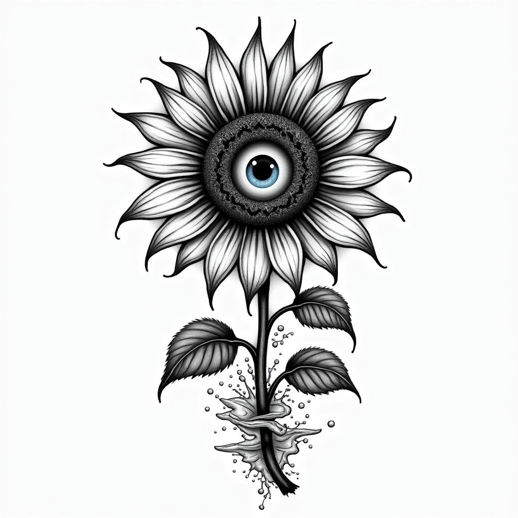 A black gray tattoo Sunflower with 12 pedals , the entire center of the sunflower is a eyeball with blue eyes , attached to a winding twisting rose stem , water rushing in the backgroundin prophecy tattoo style, featuring mystical symbols, celestial imagery like stars, moons, suns, geometric patterns, foretelling elements, an eye of wisdom