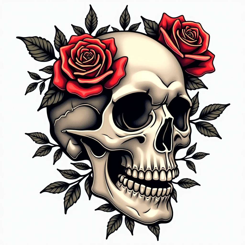 Skull with roses and clock elementsin pop art style tattoo, featuring bold and vibrant colors, exaggerated outlines, iconic imagery, inspired by comic books and speech bubbles, comic book characters, retro pop culture - Variation 13