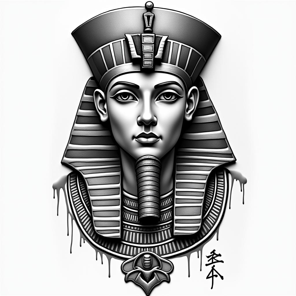 Donnie Thompson 6/15/1990in egyptian style tattoo, bold elements of ancient egyptian culture including a portrait of an Egyptian pharaoh with detailed facial features, in hieroglyphs and symbolic imagery, eye of horus, ankh symbol, scarab beetle - Variation 2