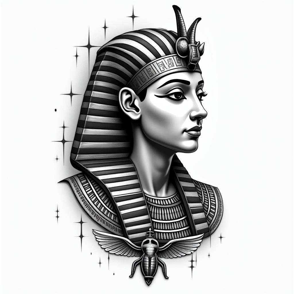 Bärbel, Schütze, Bochumin egyptian style tattoo, bold elements of ancient egyptian culture including a portrait of an Egyptian pharaoh with detailed facial features, in hieroglyphs and symbolic imagery, eye of horus, ankh symbol, scarab beetle