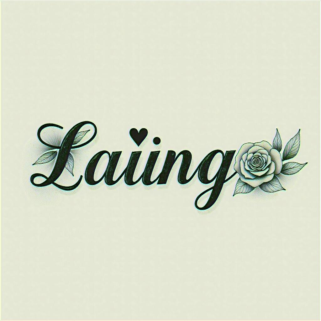 Compassin elegant cursive calligraphy style 2d tattoo, decorate with roses, featuring a smooth and flowing handwritten script with slightly thickened strokes for a luxurious and bold appearance,  heart symbol between names,  sleek and glossy black text with shadowing, minimalist matte white background, clean and sharp edges, illuminated with soft lighting, romantic, 8k, high-quality textures with refined typography - Variation 3