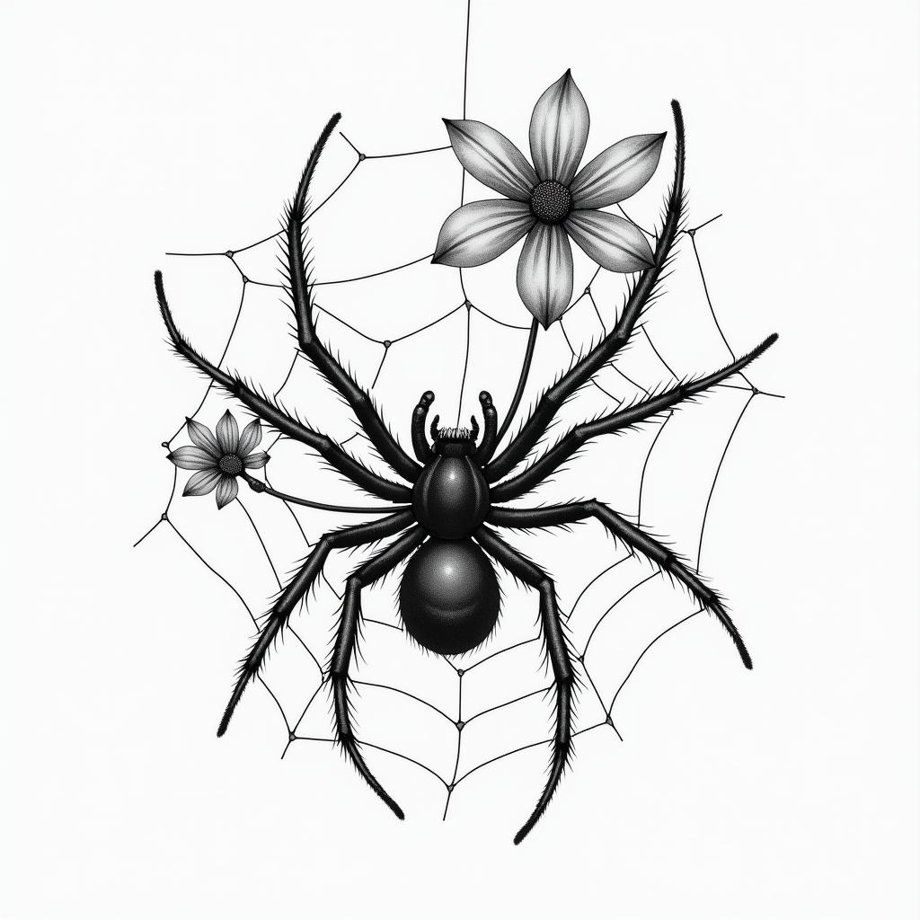 Small spider on web with flowers with stemin realism tattoo style, featuring a highly detailed, lifelike, capturing every detail, photorealistic, ultra realistic, intricate shading, smooth and sharp,   - Variation 42