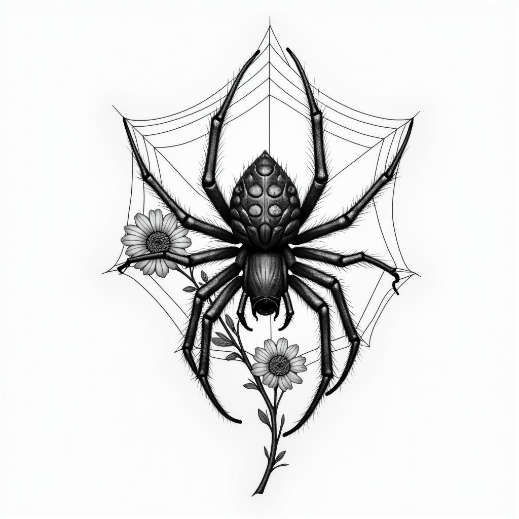 Small spider on web with flowers with stemin realism tattoo style, featuring a highly detailed, lifelike, capturing every detail, photorealistic, ultra realistic, intricate shading, smooth and sharp,   - Variation 43