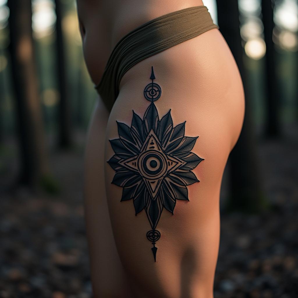 Forrest trees amongst a setting sunin spiritual symbols tattoo style, featuring an intricate design incorporating elements, Hamsa hand, third eye, minimalist composition