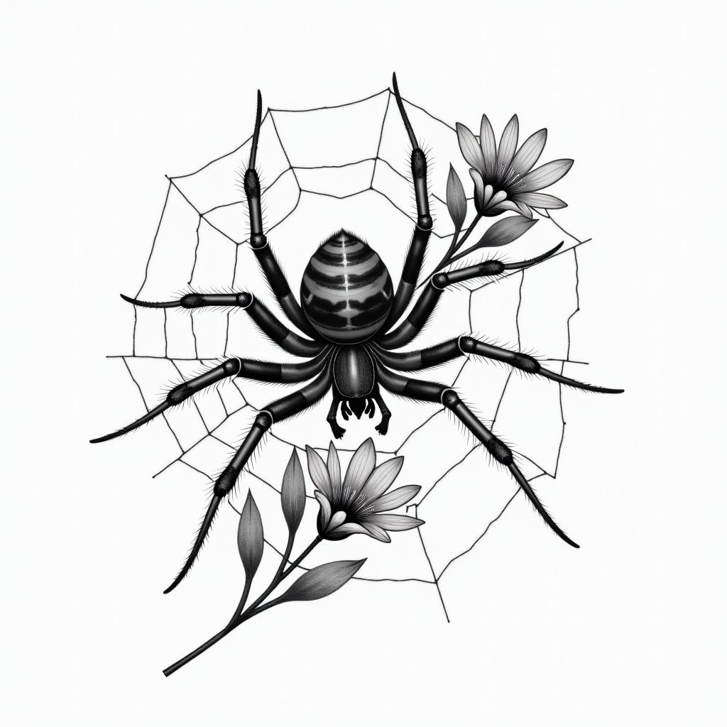 Small spider on web with flowers with stemin realism tattoo style, featuring a highly detailed, lifelike, capturing every detail, photorealistic, ultra realistic, intricate shading, smooth and sharp,   - Variation 39