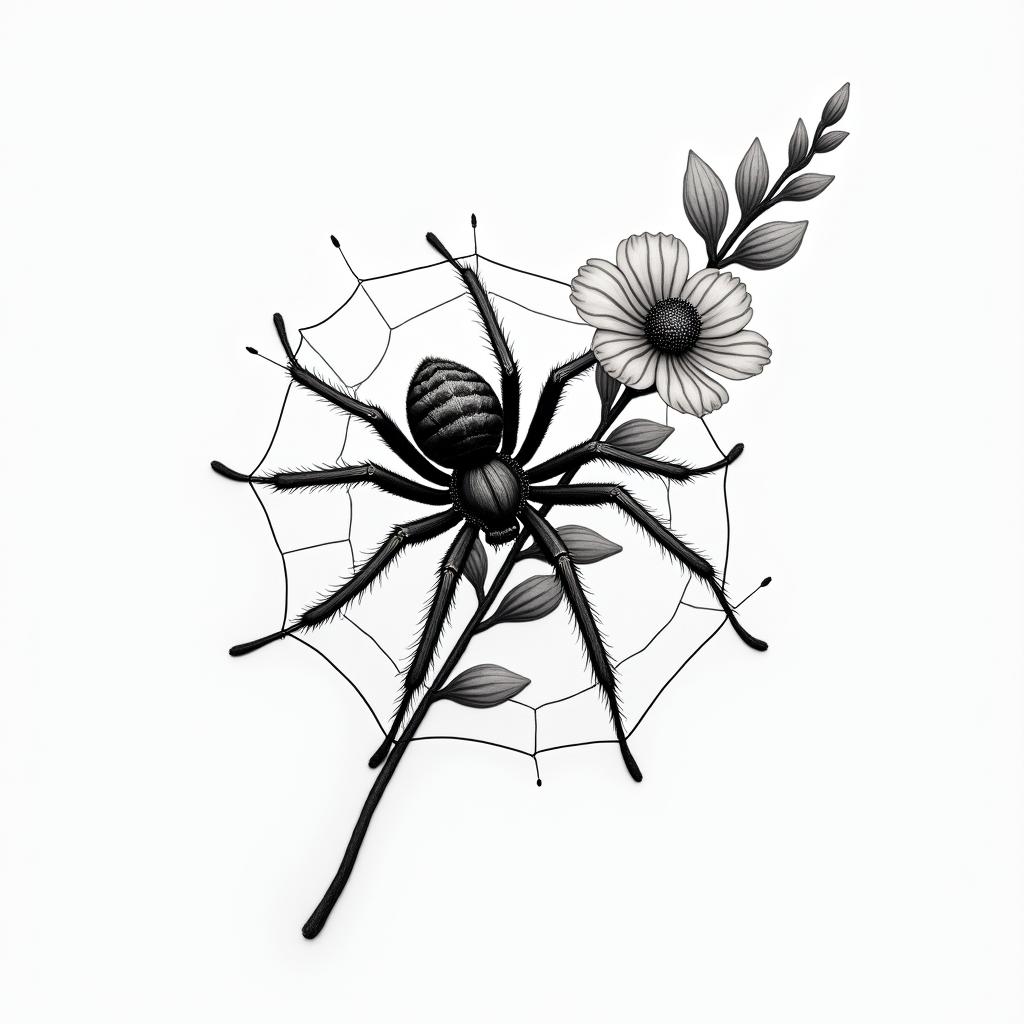 Small spider on web with flowers with stemin realism tattoo style, featuring a highly detailed, lifelike, capturing every detail, photorealistic, ultra realistic, intricate shading, smooth and sharp,   - Variation 37