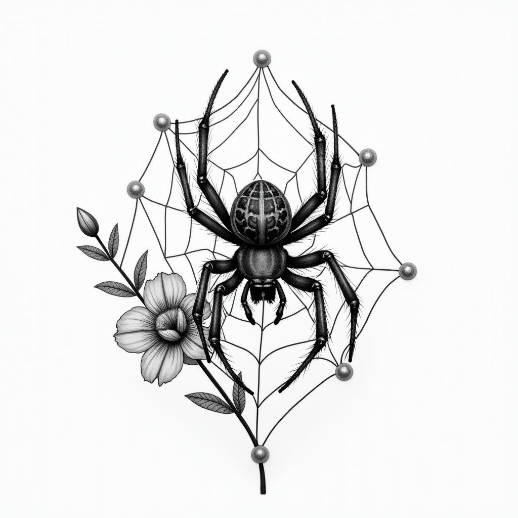 Small spider on web with flowers with stemin realism tattoo style, featuring a highly detailed, lifelike, capturing every detail, photorealistic, ultra realistic, intricate shading, smooth and sharp,   - Variation 38