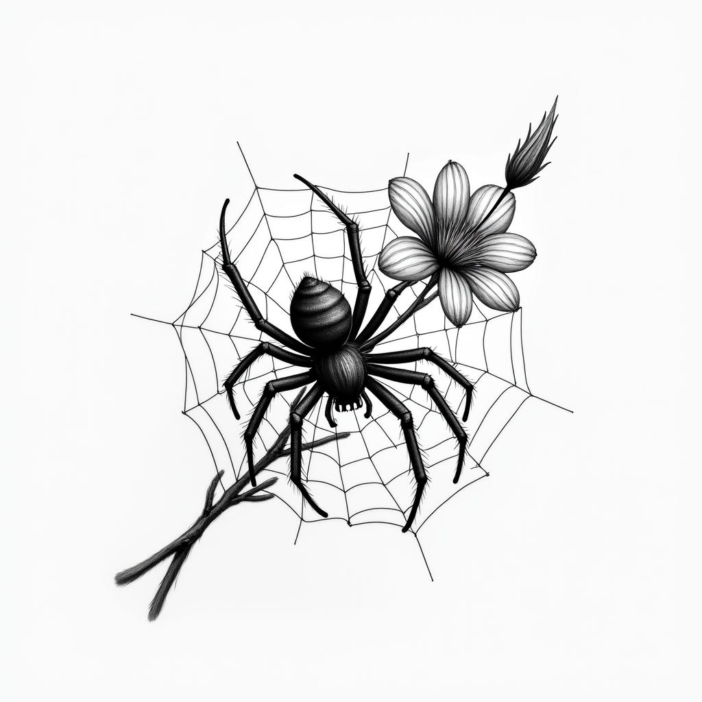 Small spider on web with flowers with stemin realism tattoo style, featuring a highly detailed, lifelike, capturing every detail, photorealistic, ultra realistic, intricate shading, smooth and sharp,   - Variation 34