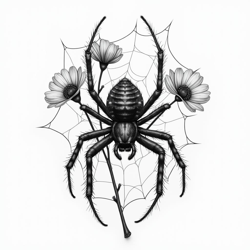 Small spider on web with flowers with stemin realism tattoo style, featuring a highly detailed, lifelike, capturing every detail, photorealistic, ultra realistic, intricate shading, smooth and sharp,   - Variation 35