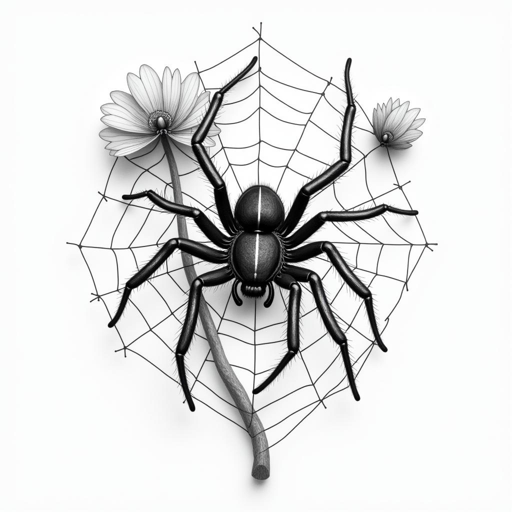 Small spider on web with flowers with stemin realism tattoo style, featuring a highly detailed, lifelike, capturing every detail, photorealistic, ultra realistic, intricate shading, smooth and sharp,   - Variation 36