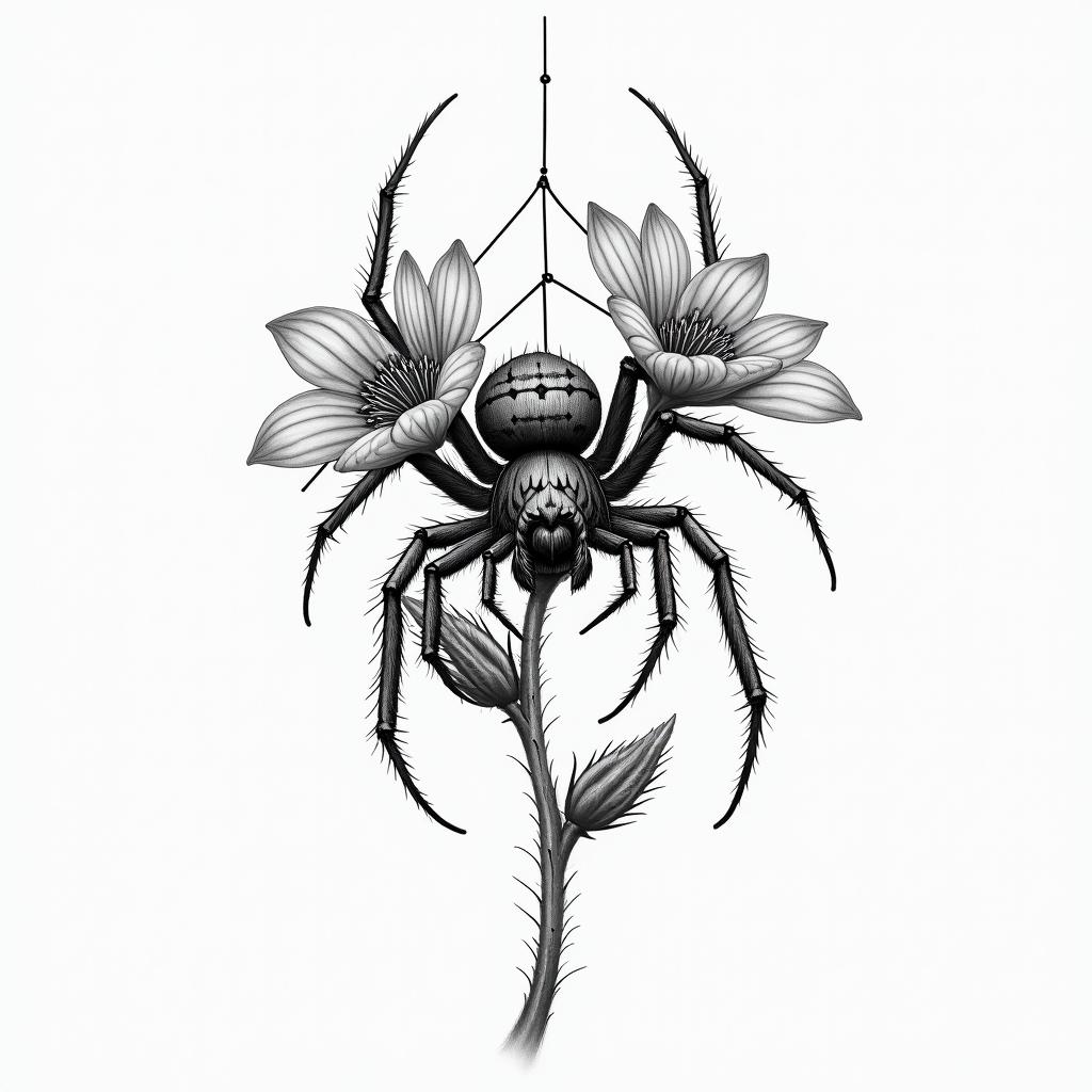 Small spider on web with flowers with stemin realism tattoo style, featuring a highly detailed, lifelike, capturing every detail, photorealistic, ultra realistic, intricate shading, smooth and sharp,   - Variation 33