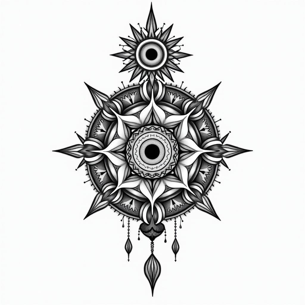 Emilie moon twinsin spiritual symbols tattoo style, featuring an intricate design incorporating elements, Hamsa hand, third eye, minimalist composition