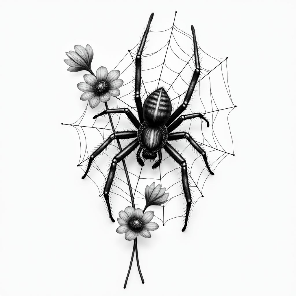 Small spider on web with flowers with stemin realism tattoo style, featuring a highly detailed, lifelike, capturing every detail, photorealistic, ultra realistic, intricate shading, smooth and sharp,   - Variation 29