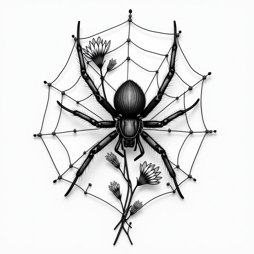 Small spider on web with flowers with stemin realism tattoo style, featuring a highly detailed, lifelike, capturing every detail, photorealistic, ultra realistic, intricate shading, smooth and sharp,   - Variation 30