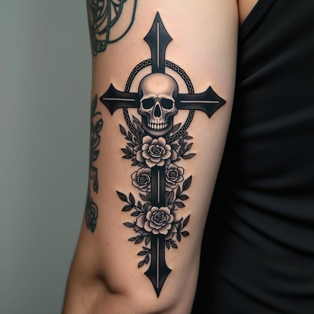 Earth, water, fire, air, herbs, arrowin chicano style tattoo, featuring intricate black and grey shading, bold elements of traditional chicano culture symbols, add a big cross with skull, chains and roses - Variation 3