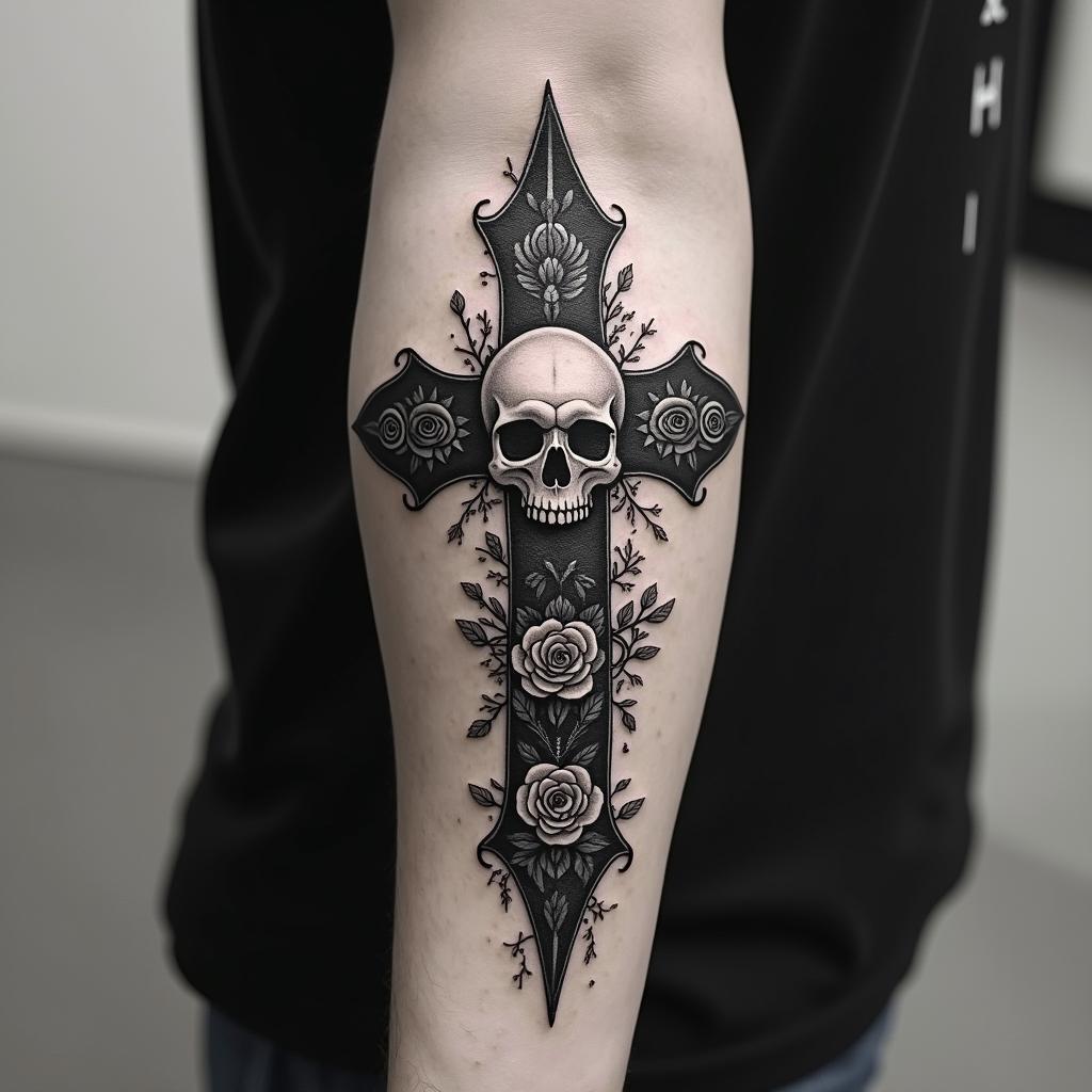 Earth, water, fire, air, herbs, arrowin chicano style tattoo, featuring intricate black and grey shading, bold elements of traditional chicano culture symbols, add a big cross with skull, chains and roses - Variation 2