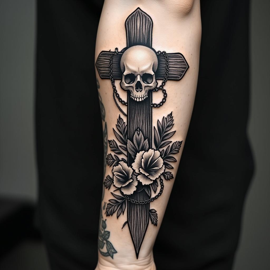 Earth, water, fire, air, herbs, arrowin chicano style tattoo, featuring intricate black and grey shading, bold elements of traditional chicano culture symbols, add a big cross with skull, chains and roses - Variation 4