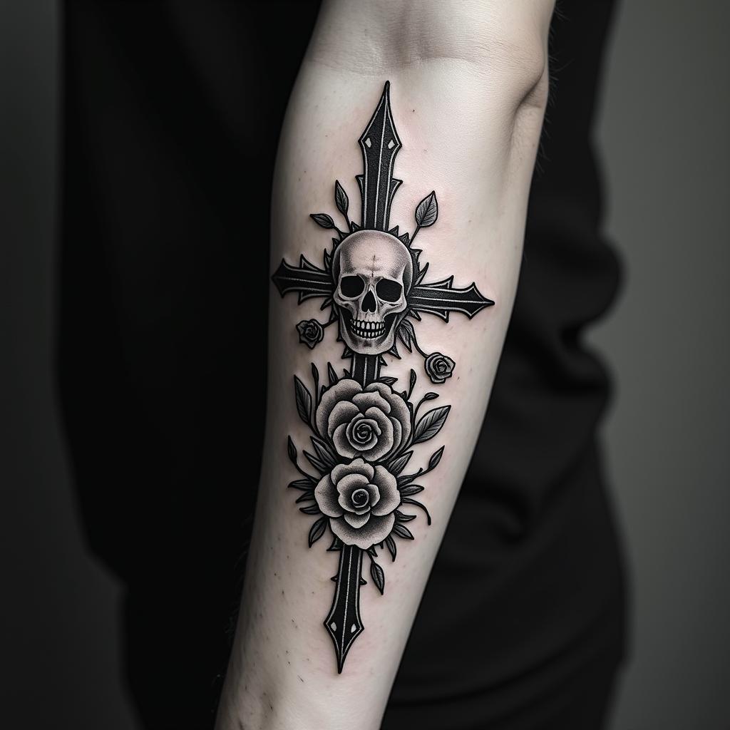 Earth, water, fire, air, herbs, arrowin chicano style tattoo, featuring intricate black and grey shading, bold elements of traditional chicano culture symbols, add a big cross with skull, chains and roses - Variation 1