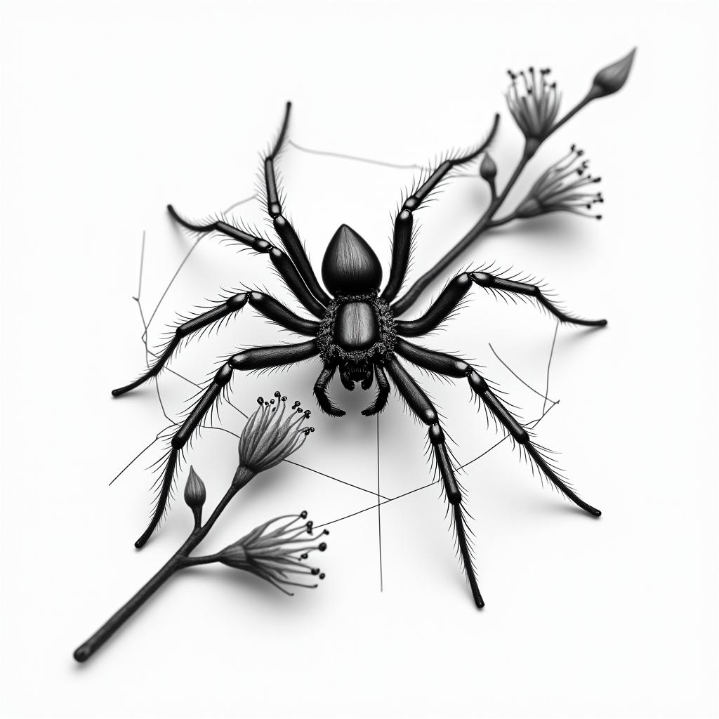 Small spider on web with flowers with stemin realism tattoo style, featuring a highly detailed, lifelike, capturing every detail, photorealistic, ultra realistic, intricate shading, smooth and sharp,   - Variation 25