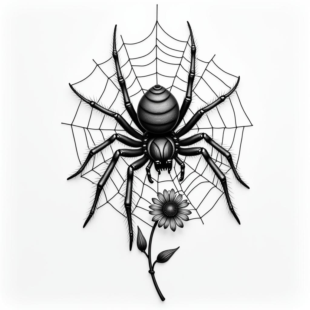 Small spider on web with flowers with stemin realism tattoo style, featuring a highly detailed, lifelike, capturing every detail, photorealistic, ultra realistic, intricate shading, smooth and sharp,   - Variation 28