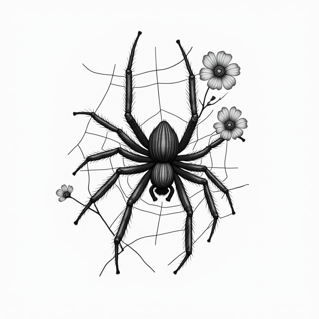 Small spider on web with flowers with stemin realism tattoo style, featuring a highly detailed, lifelike, capturing every detail, photorealistic, ultra realistic, intricate shading, smooth and sharp,   - Variation 27