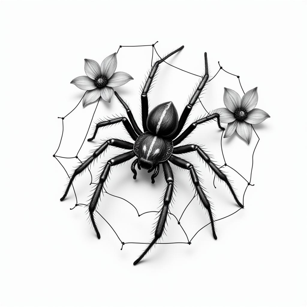 Small spider on web with flowers with stemin realism tattoo style, featuring a highly detailed, lifelike, capturing every detail, photorealistic, ultra realistic, intricate shading, smooth and sharp,   - Variation 26