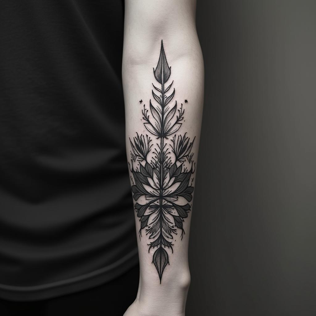 Earth, water, fire, air, herbs, arrowin bohemian style tattoo, 8k - Variation 5