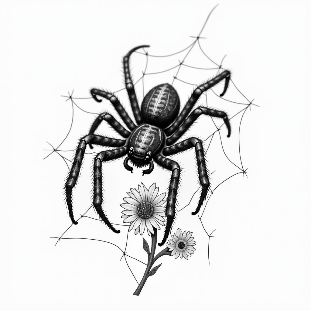 Small spider on web with flowers with stemin realism tattoo style, featuring a highly detailed, lifelike, capturing every detail, photorealistic, ultra realistic, intricate shading, smooth and sharp,   - Variation 22