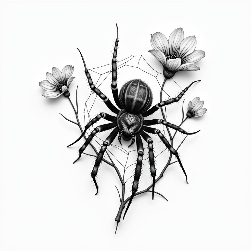 Small spider on web with flowers with stemin realism tattoo style, featuring a highly detailed, lifelike, capturing every detail, photorealistic, ultra realistic, intricate shading, smooth and sharp,   - Variation 21