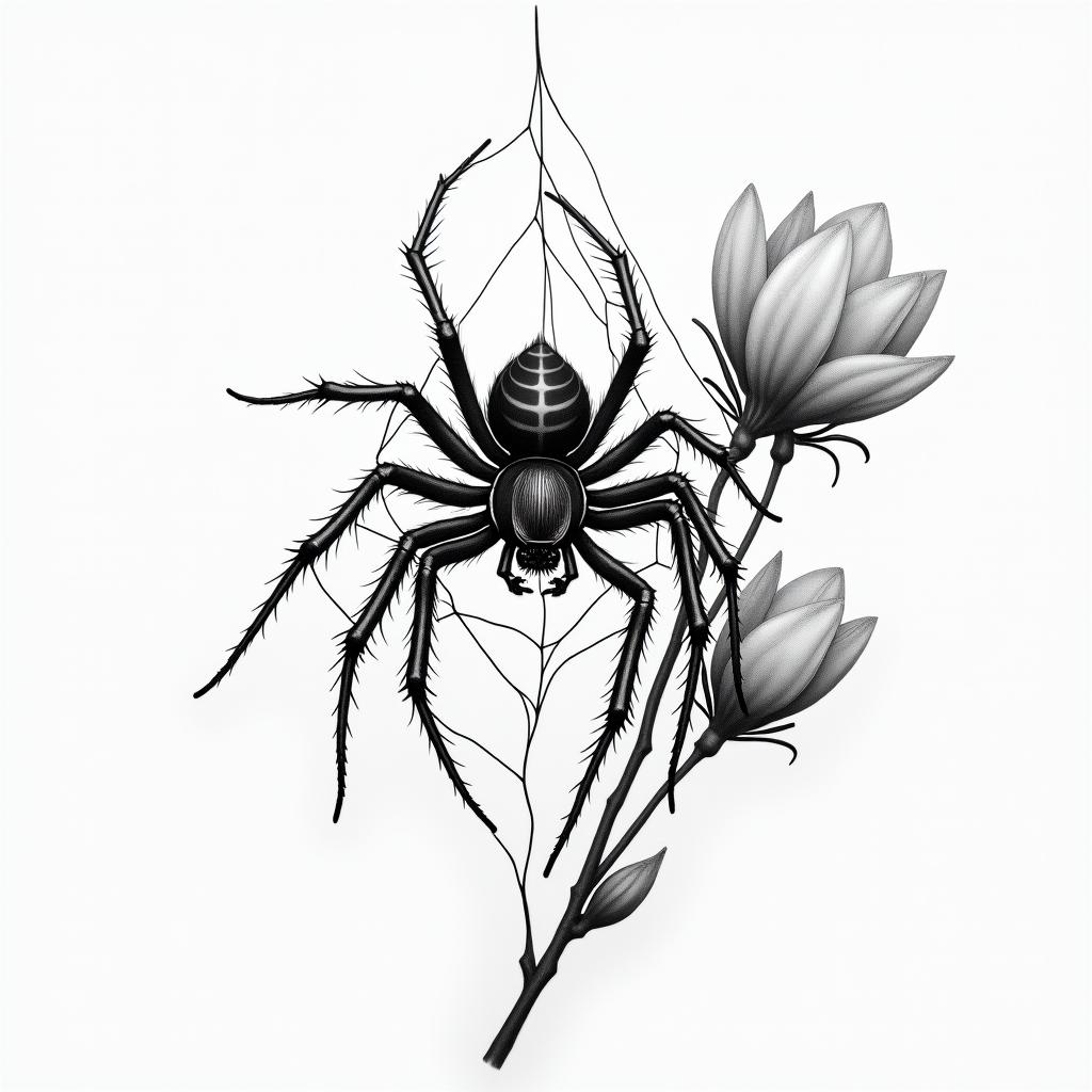 Small spider on web with flowers with stemin realism tattoo style, featuring a highly detailed, lifelike, capturing every detail, photorealistic, ultra realistic, intricate shading, smooth and sharp,   - Variation 23