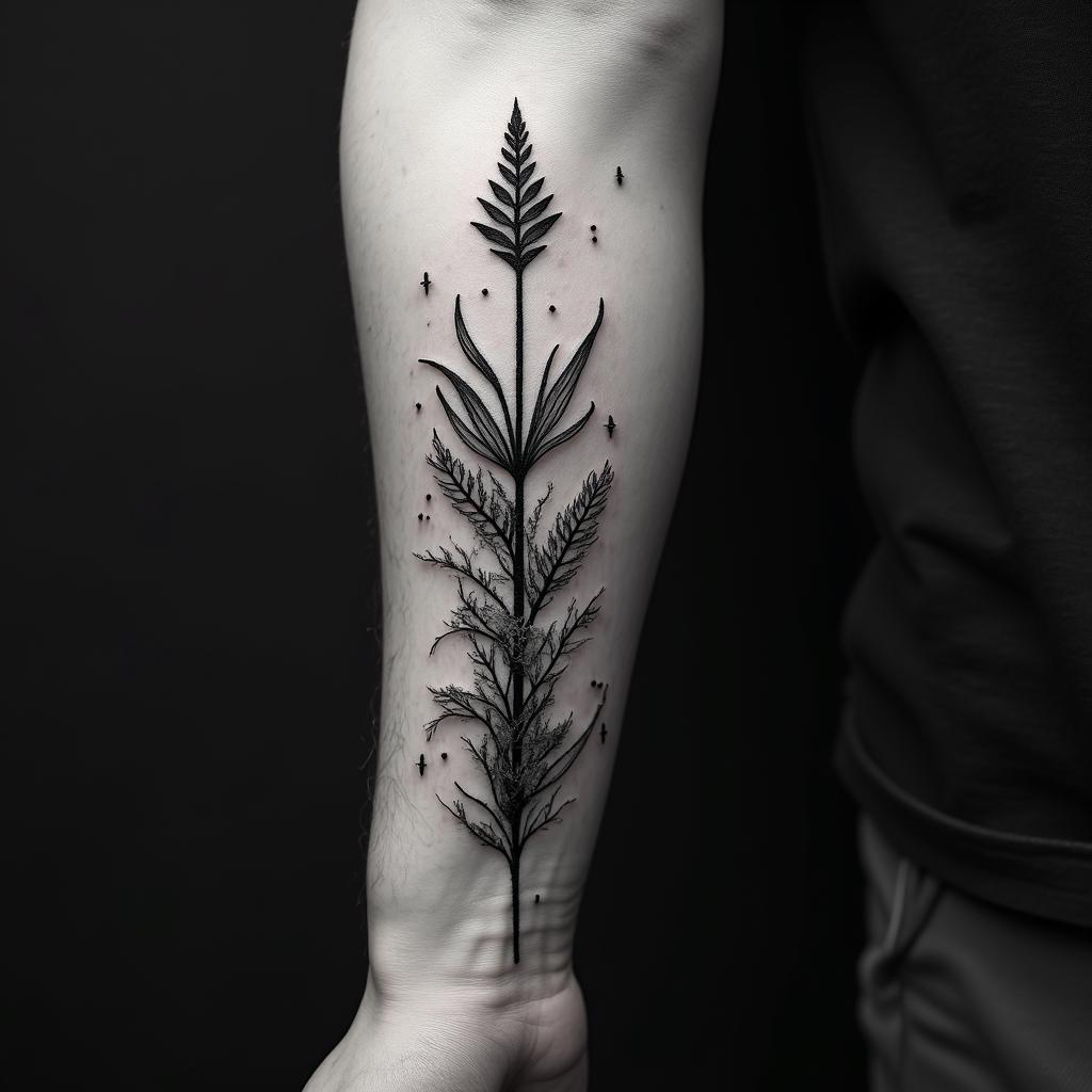 Earth, water, fire, air, herbs, arrowin bohemian style tattoo, 8k - Variation 8