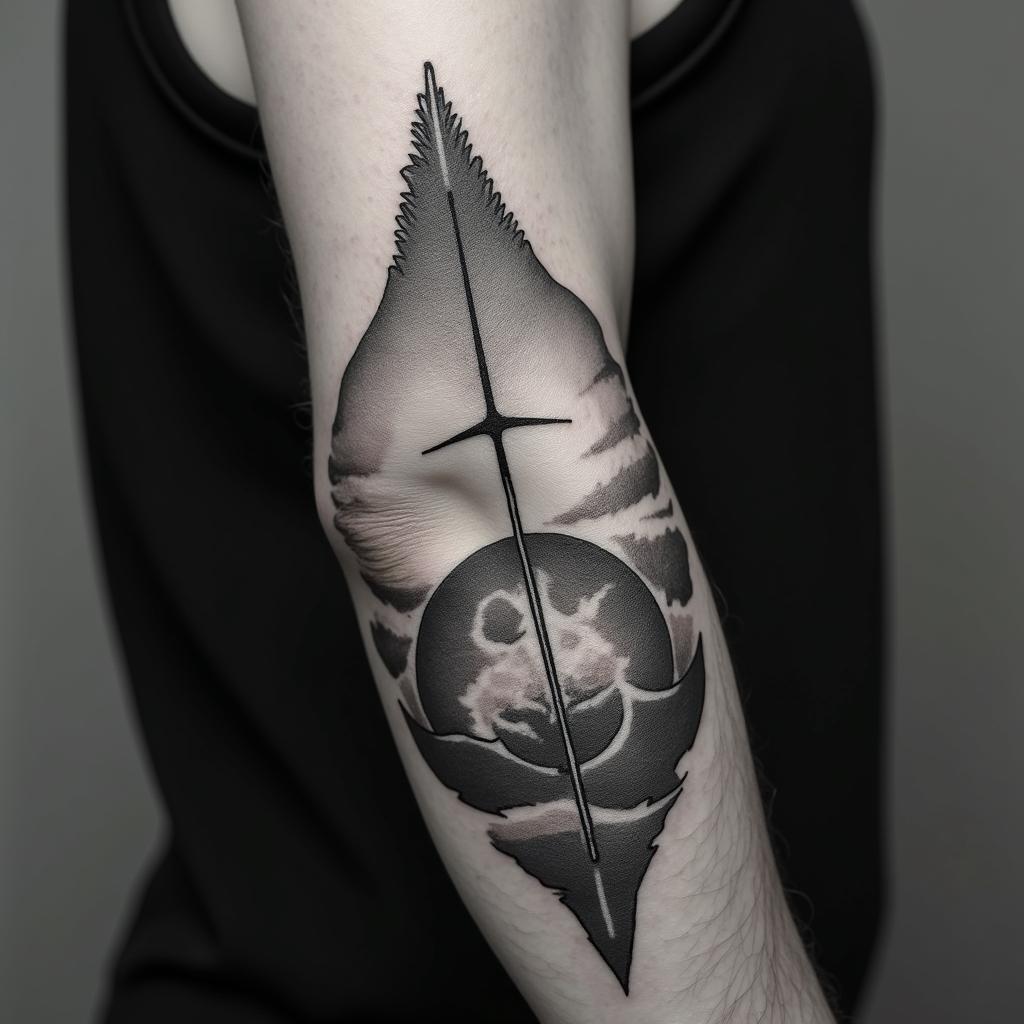 Earth, water, fire, air, herbs, arrowin bohemian style tattoo, 8k - Variation 6