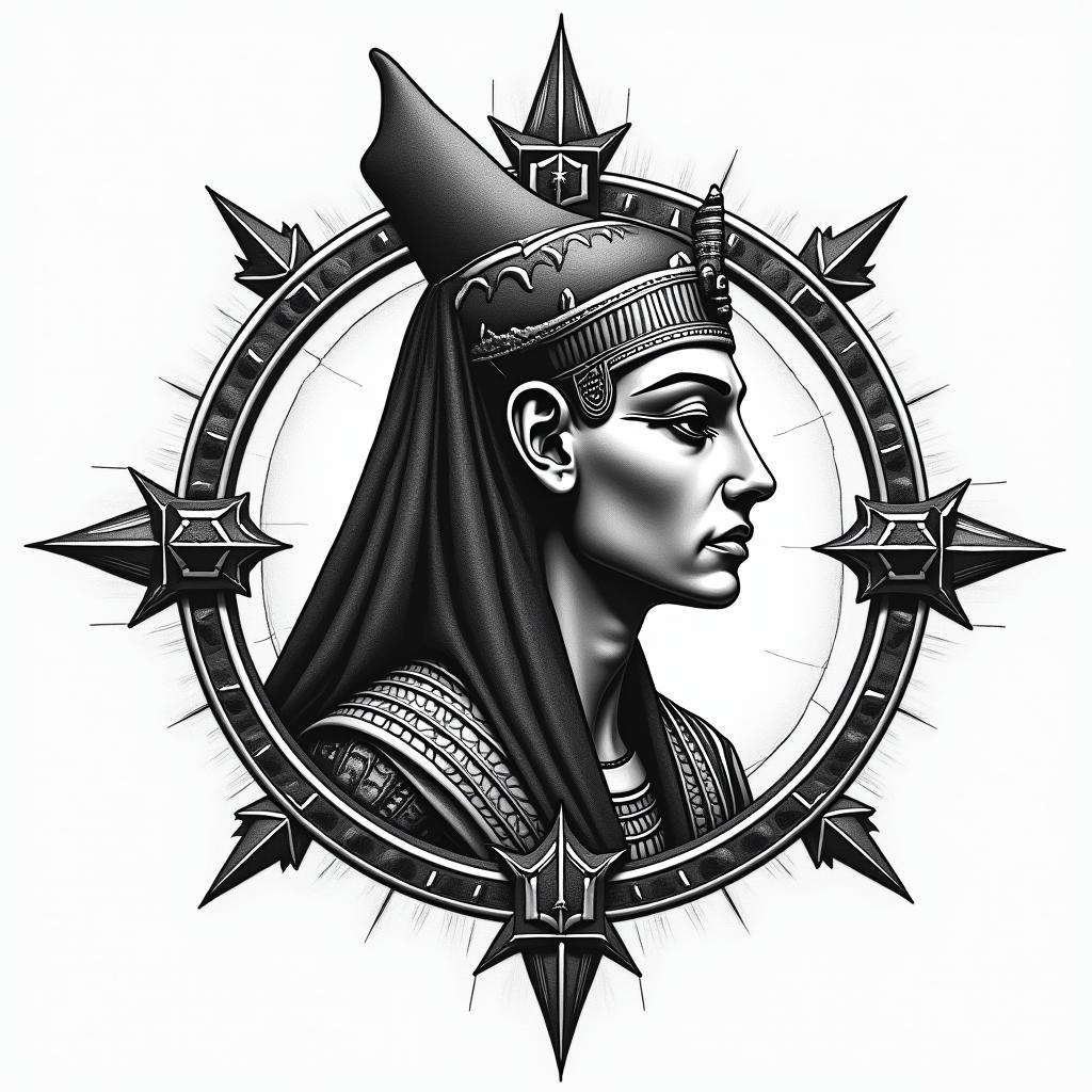 Compassin egyptian style tattoo, bold elements of ancient egyptian culture including a portrait of an Egyptian pharaoh with detailed facial features, in hieroglyphs and symbolic imagery, eye of horus, ankh symbol, scarab beetle - Variation 4