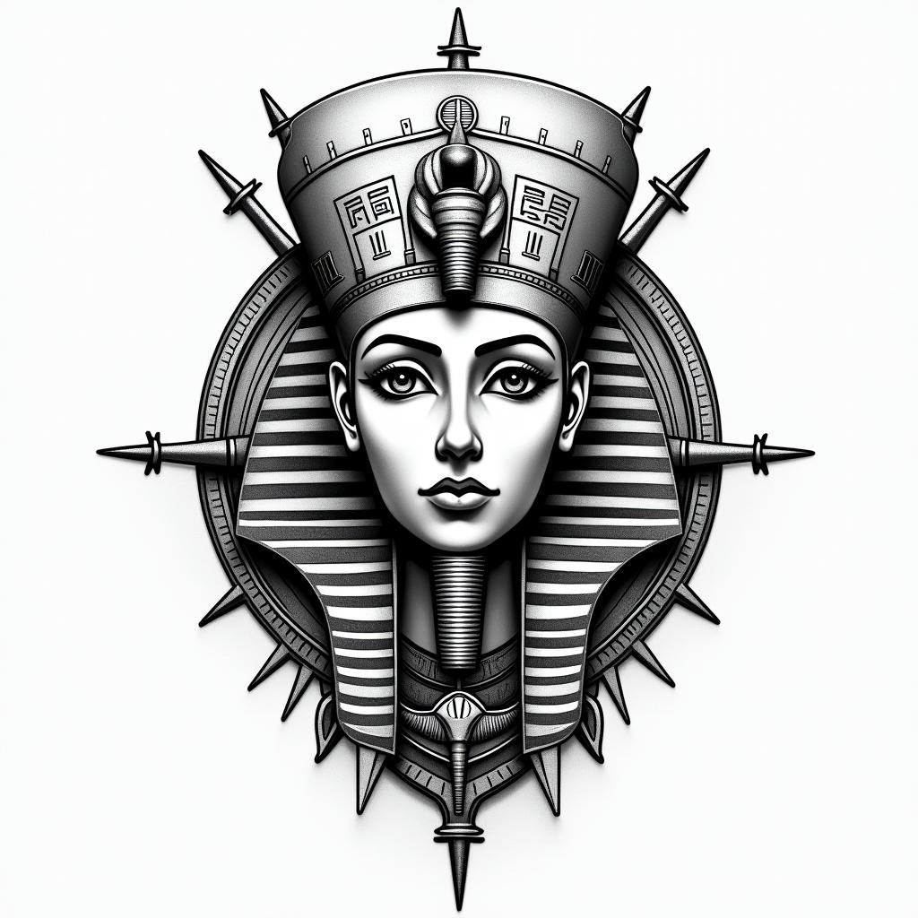 Compassin egyptian style tattoo, bold elements of ancient egyptian culture including a portrait of an Egyptian pharaoh with detailed facial features, in hieroglyphs and symbolic imagery, eye of horus, ankh symbol, scarab beetle - Variation 3