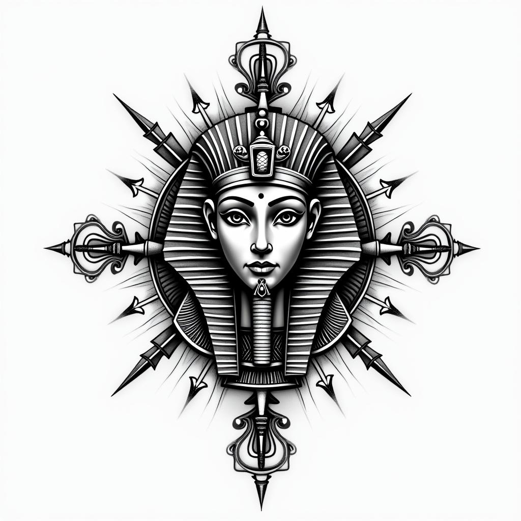 Compassin egyptian style tattoo, bold elements of ancient egyptian culture including a portrait of an Egyptian pharaoh with detailed facial features, in hieroglyphs and symbolic imagery, eye of horus, ankh symbol, scarab beetle - Variation 2