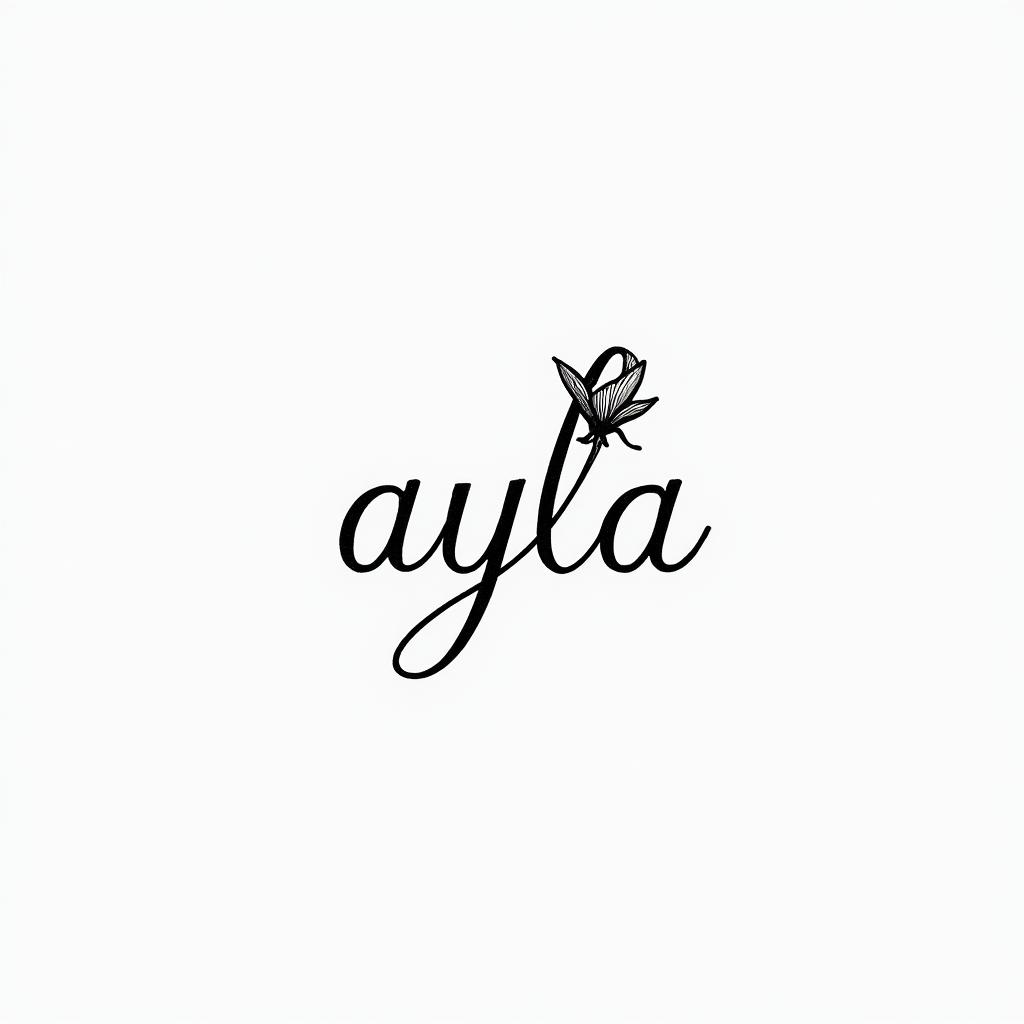 Name Ayla in delicate lettering with a rose at the end.minimalist text-based tattoo, Monospace font ultra-realistic, perfectly placed, high-quality font design, photo-realistic shading, 8k, high quality, finely detailed typograph