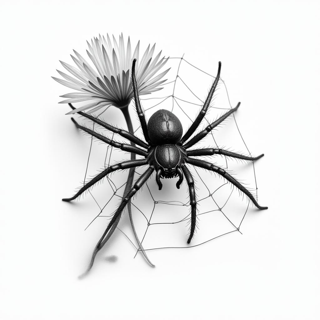 Small spider on web with flowers with stemin realism tattoo style, featuring a highly detailed, lifelike, capturing every detail, photorealistic, ultra realistic, intricate shading, smooth and sharp,   - Variation 17