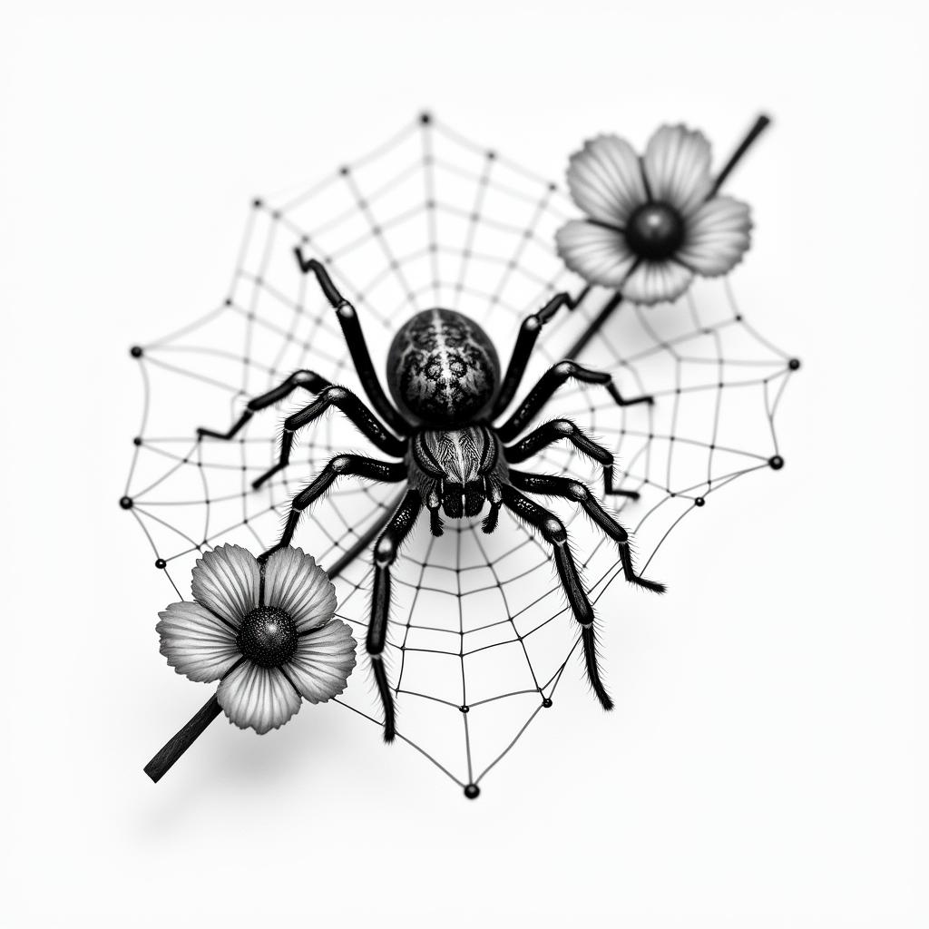 Small spider on web with flowers with stemin realism tattoo style, featuring a highly detailed, lifelike, capturing every detail, photorealistic, ultra realistic, intricate shading, smooth and sharp,   - Variation 18