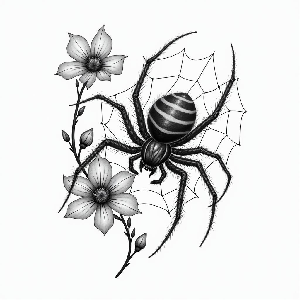 Small spider on web with flowers with stemin realism tattoo style, featuring a highly detailed, lifelike, capturing every detail, photorealistic, ultra realistic, intricate shading, smooth and sharp,   - Variation 20