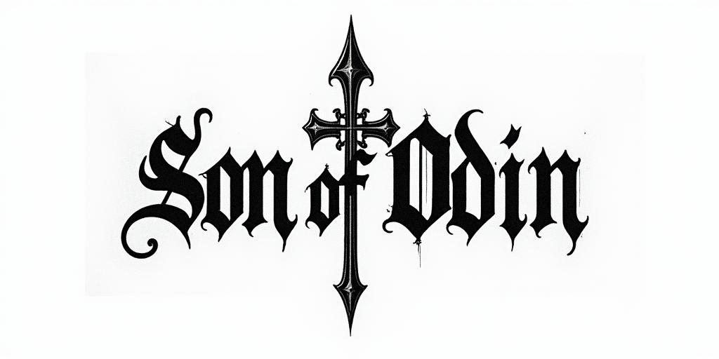 Son Of Odintext-based tattoo, gothic font ultra-realistic, perfectly placed, high-quality font design, photo-realistic shading, 8k, high quality, finely detailed typography - Variation 12