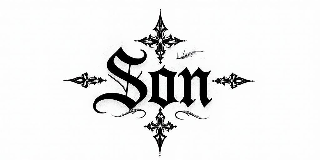 Son Of Odintext-based tattoo, gothic font ultra-realistic, perfectly placed, high-quality font design, photo-realistic shading, 8k, high quality, finely detailed typography - Variation 11