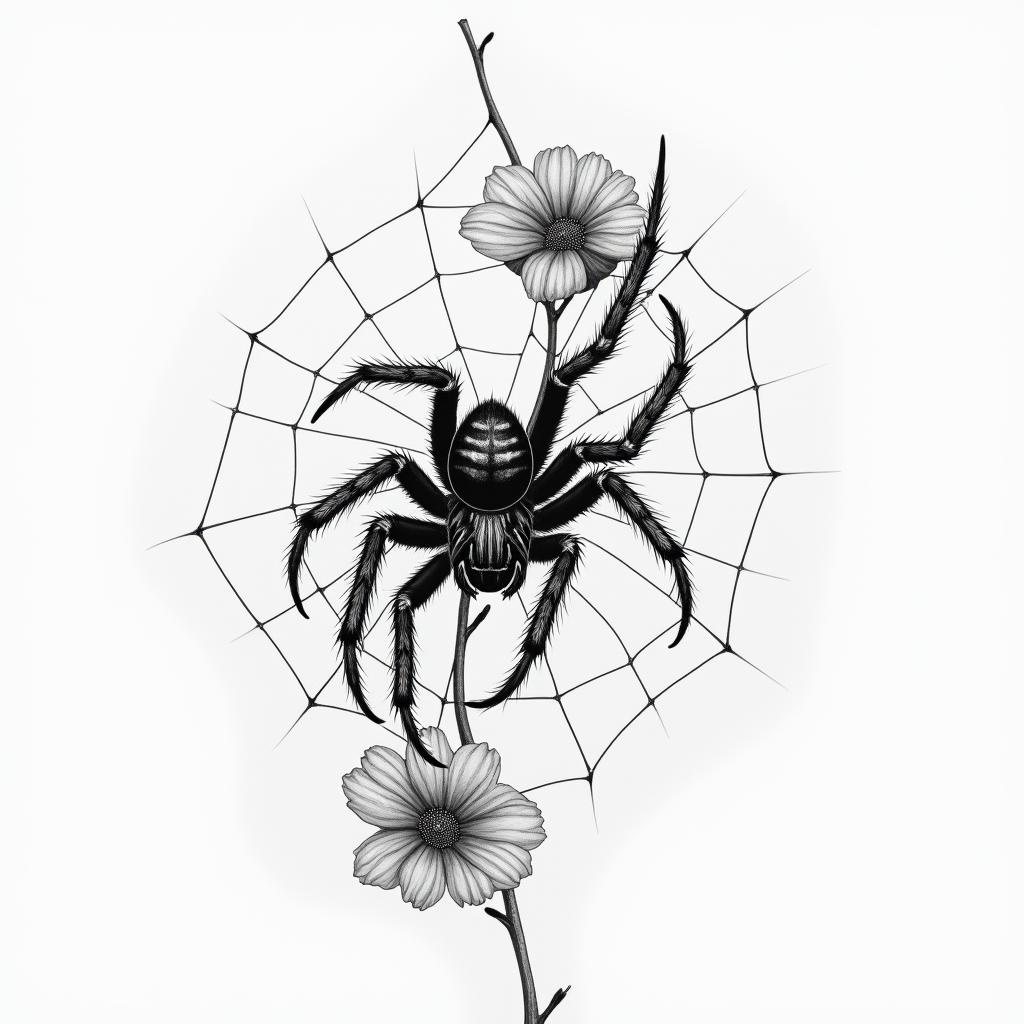 Small spider on web with flowers with stemin realism tattoo style, featuring a highly detailed, lifelike, capturing every detail, photorealistic, ultra realistic, intricate shading, smooth and sharp,   - Variation 13