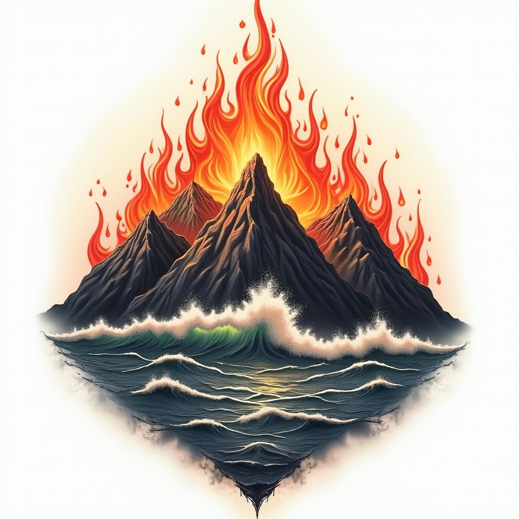 Mountains and Seain flame tattoo style showcasing fiery elements with dynamic flame patterns, glowing effect of flames, natural colors - Variation 4